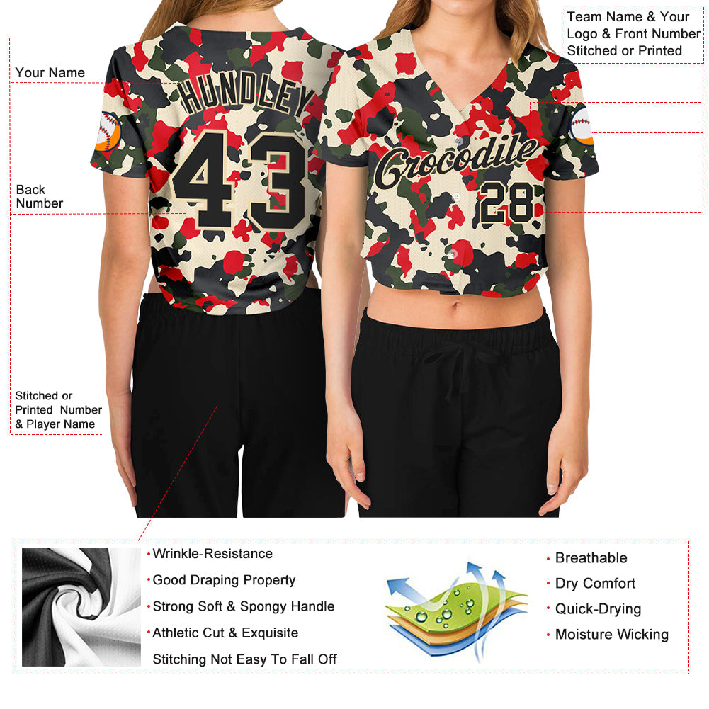 Custom Women's Camo Black-Cream Salute To Service 3D V-Neck Cropped Baseball Jersey view 3