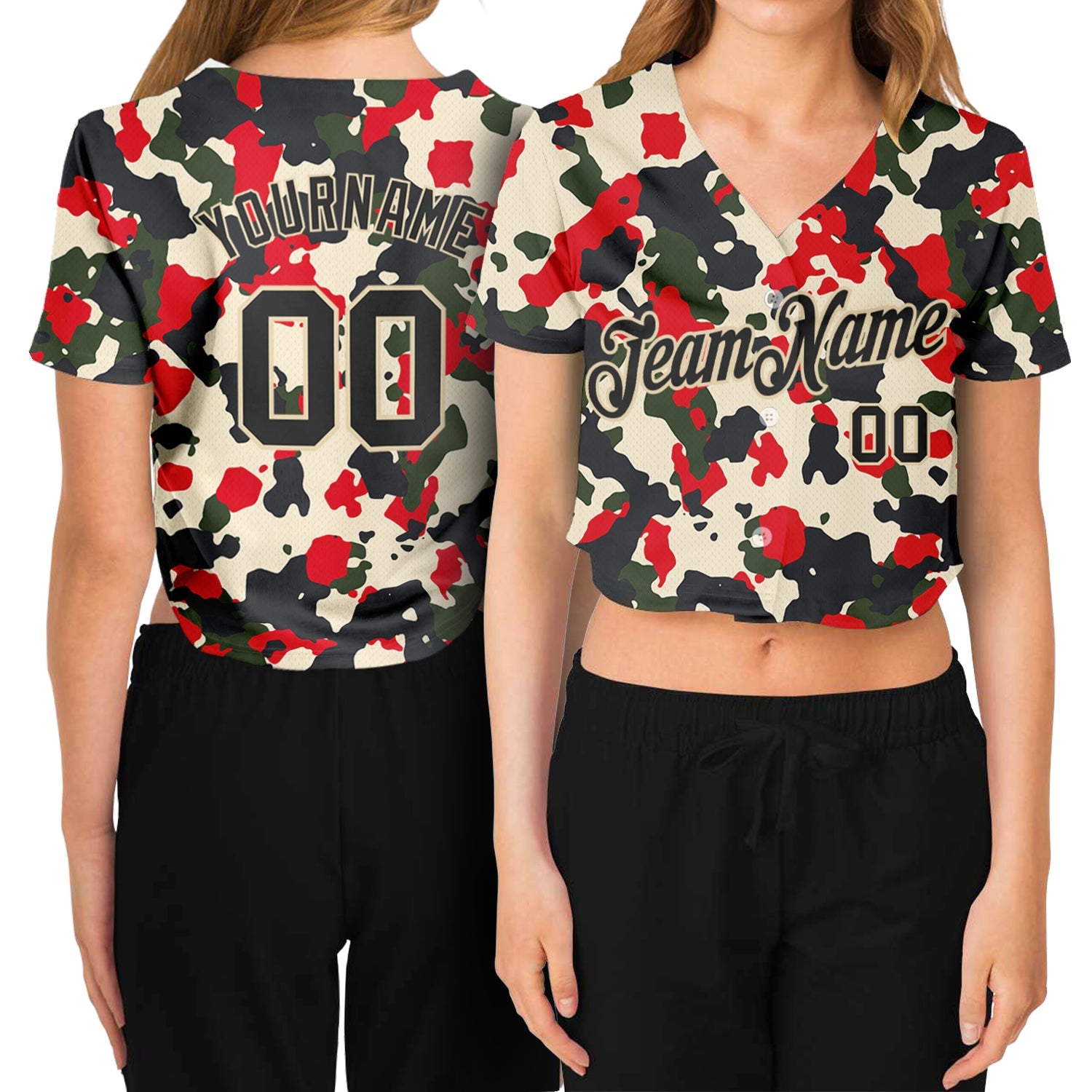 Custom Women's Camo Black-Cream Salute To Service 3D V-Neck Cropped Baseball Jersey - Main View