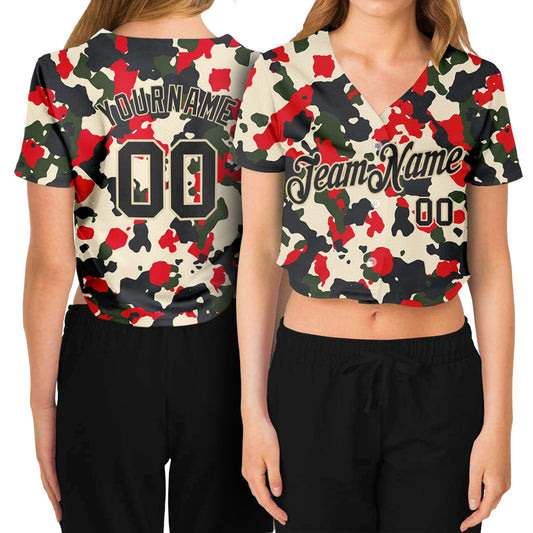 Custom Women's Camo Black-Cream Salute To Service 3D V-Neck Cropped Baseball Jersey - Main View