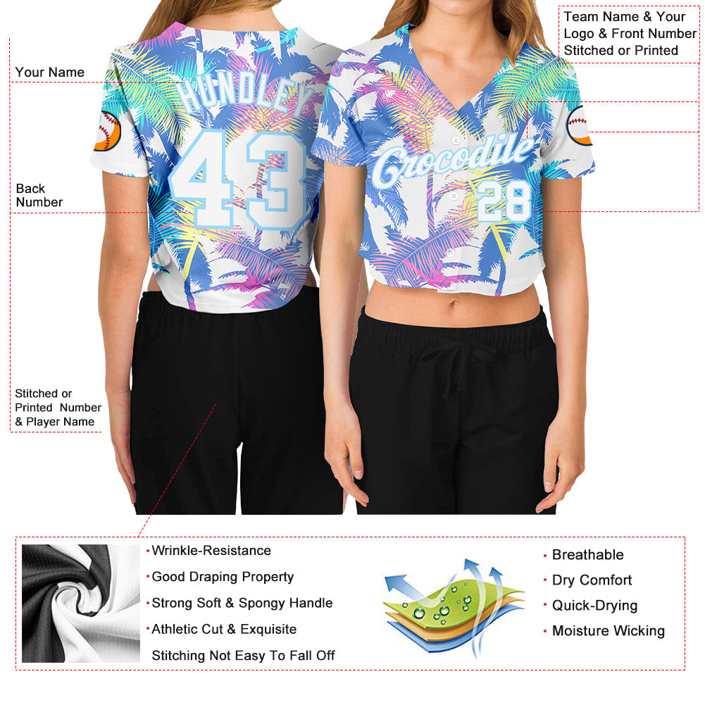 Custom Women's White White-Light Blue Hawaii Palm Trees 3D V-Neck Cropped Baseball Jersey view 3