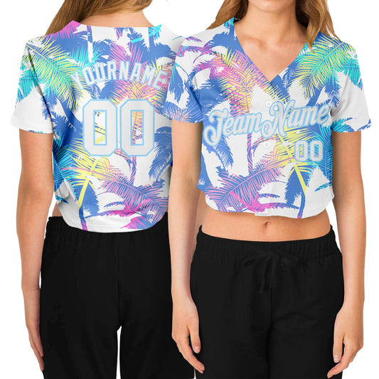 Custom Women's White White-Light Blue Hawaii Palm Trees 3D V-Neck Cropped Baseball Jersey - Main View