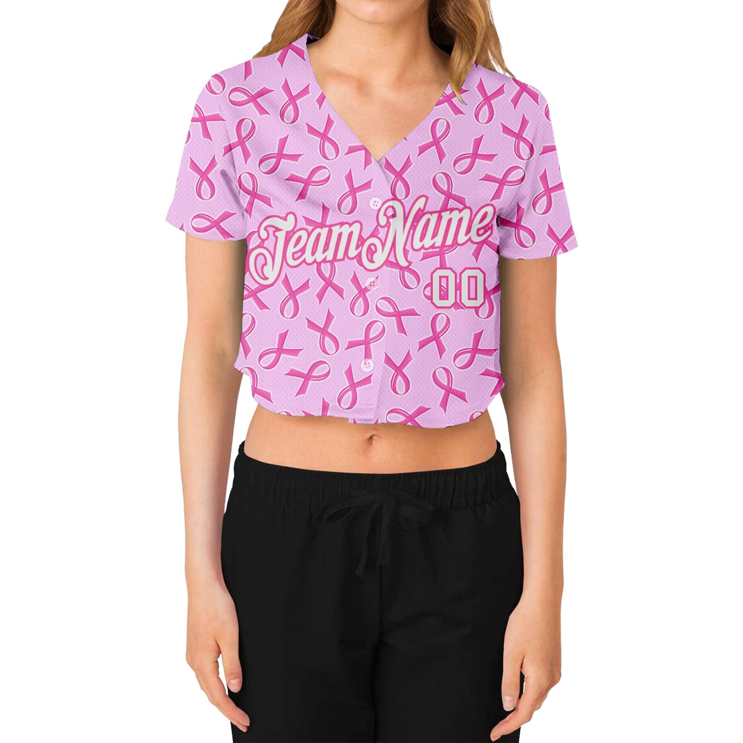 Custom Women's Pink White Breast Cancer 3D V-Neck Cropped Baseball Jersey view 2