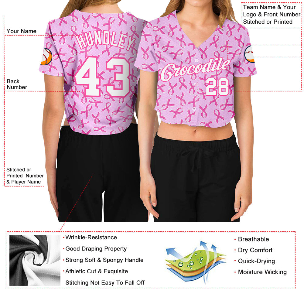 Custom Women's Pink White Breast Cancer 3D V-Neck Cropped Baseball Jersey view 3