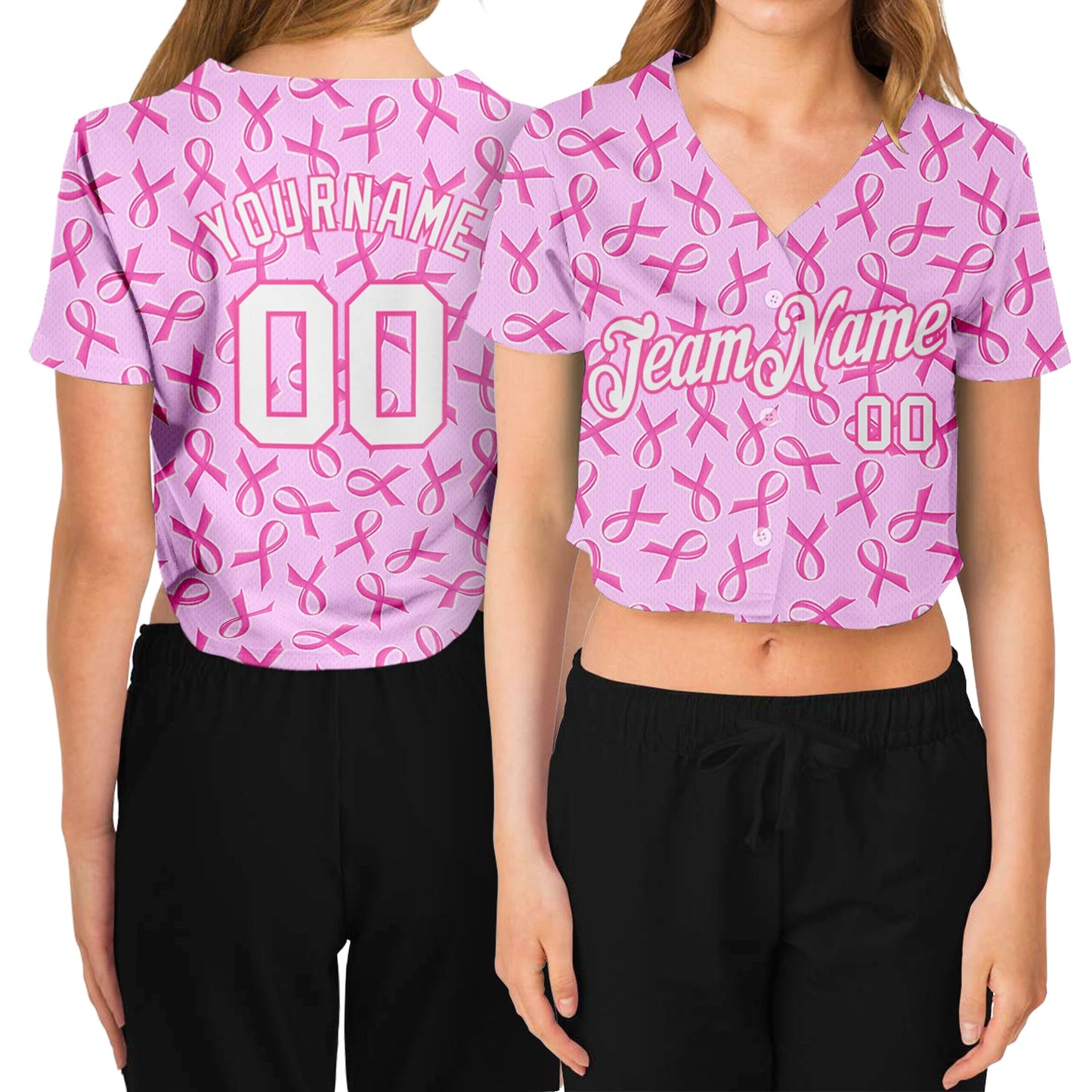 Custom Women's Pink White Breast Cancer 3D V-Neck Cropped Baseball Jersey - Main View
