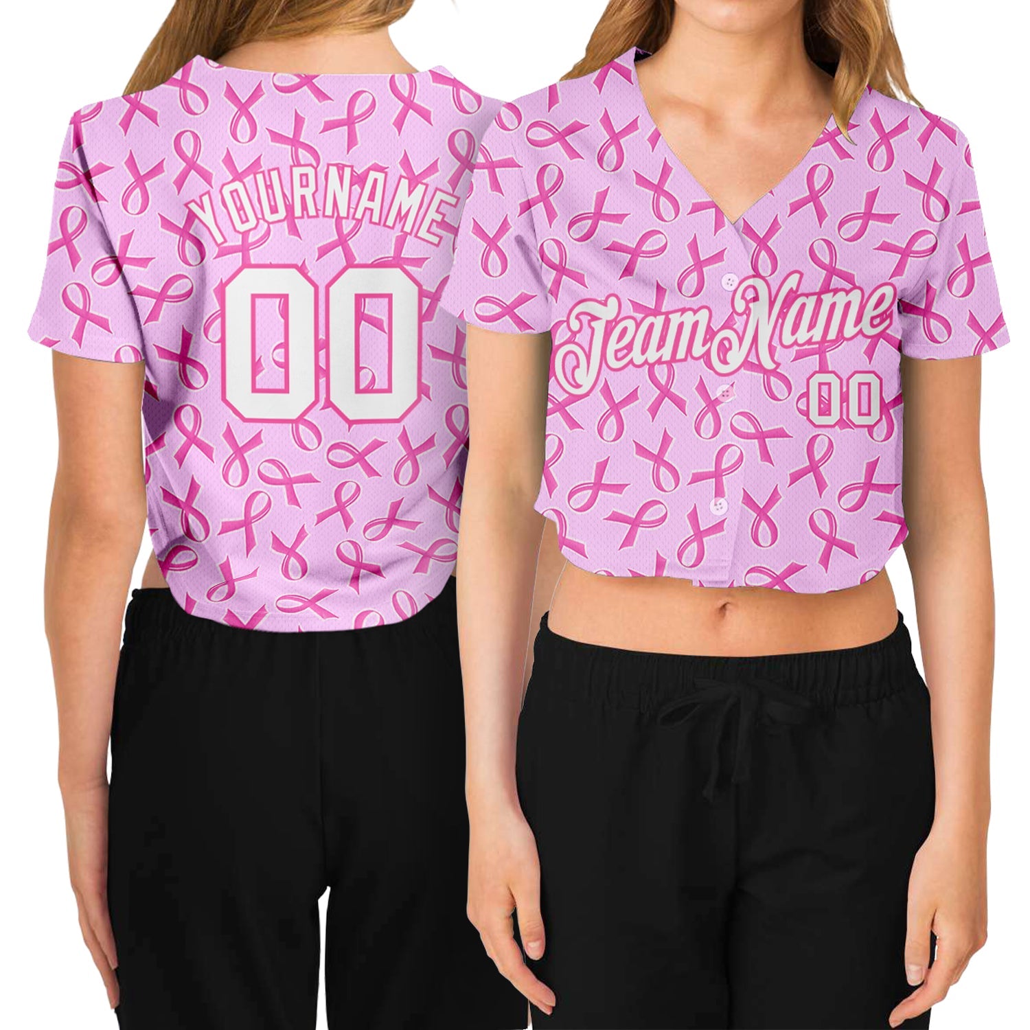 Custom Women's Pink White Breast Cancer 3D V-Neck Cropped Baseball Jersey - Main View