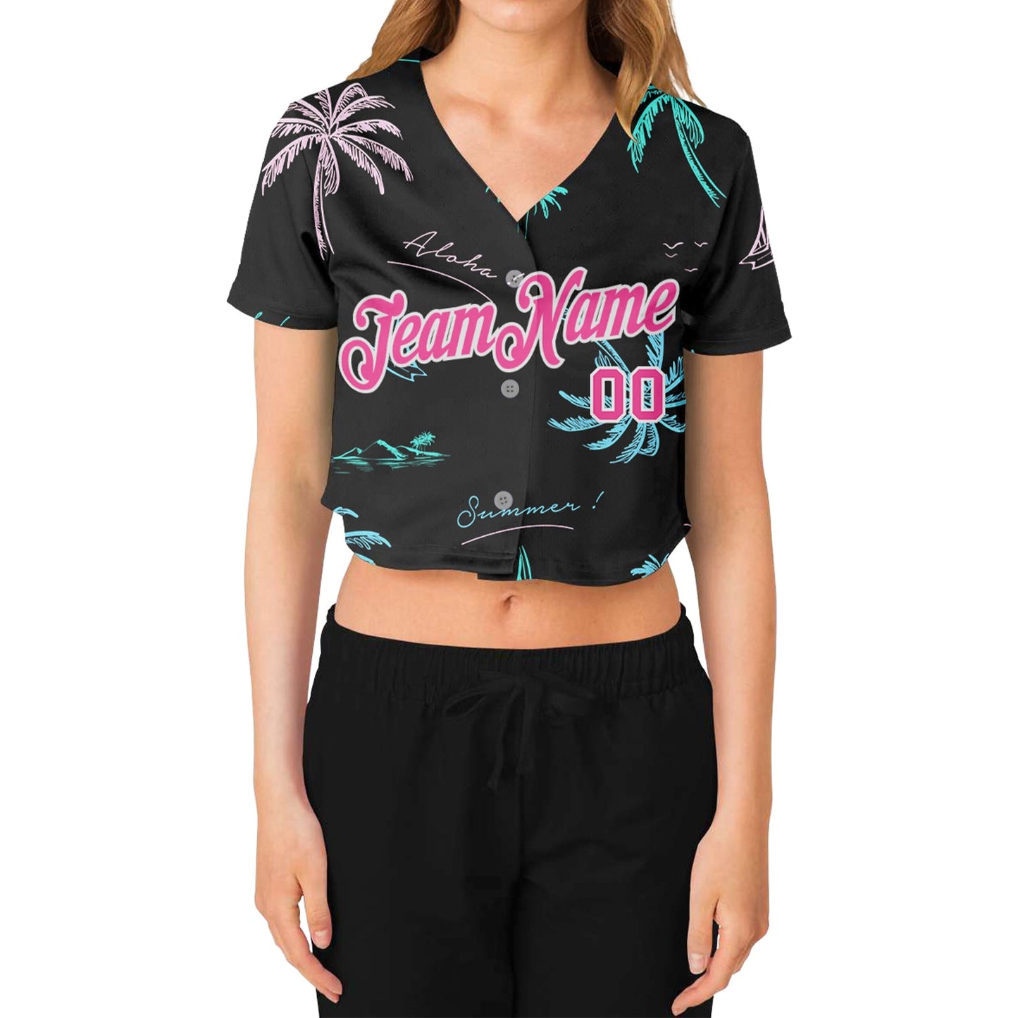 Custom Women's Black Pink-White Hawaii Palm Trees 3D V-Neck Cropped Baseball Jersey view 2