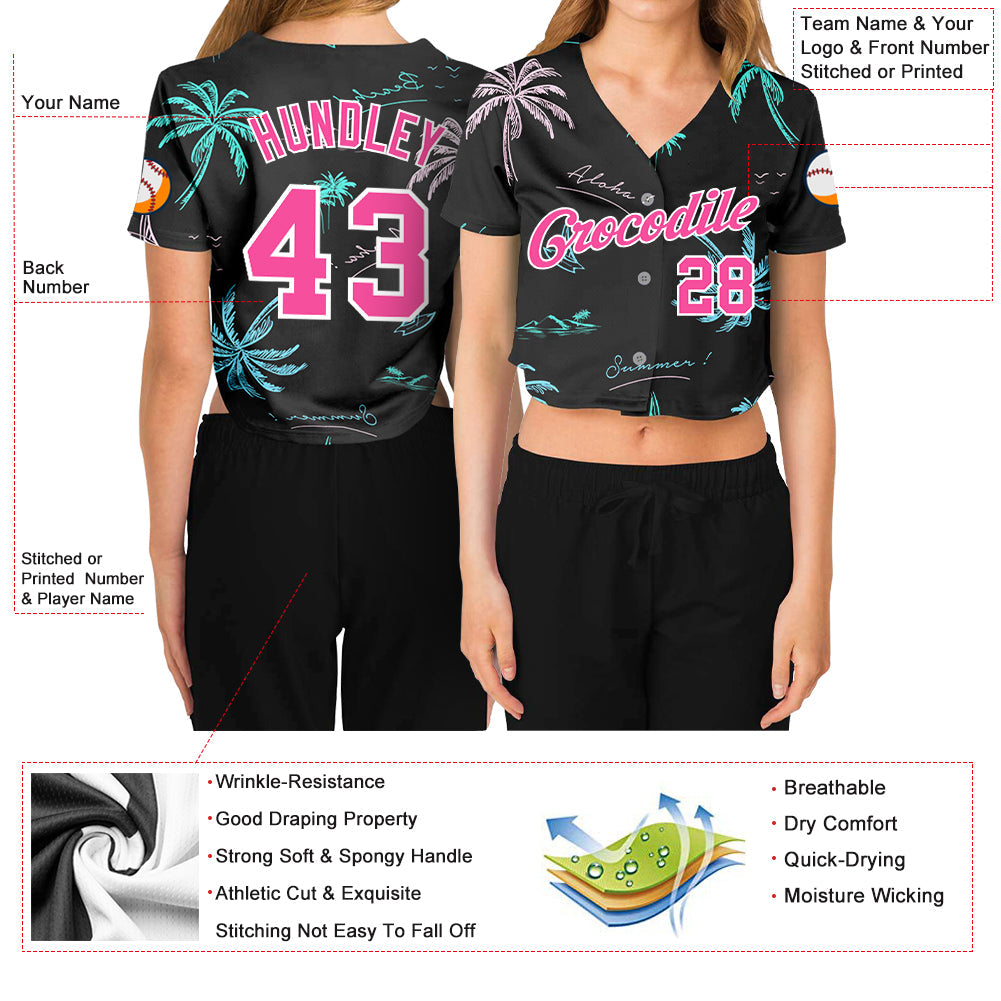 Custom Women's Black Pink-White Hawaii Palm Trees 3D V-Neck Cropped Baseball Jersey view 3