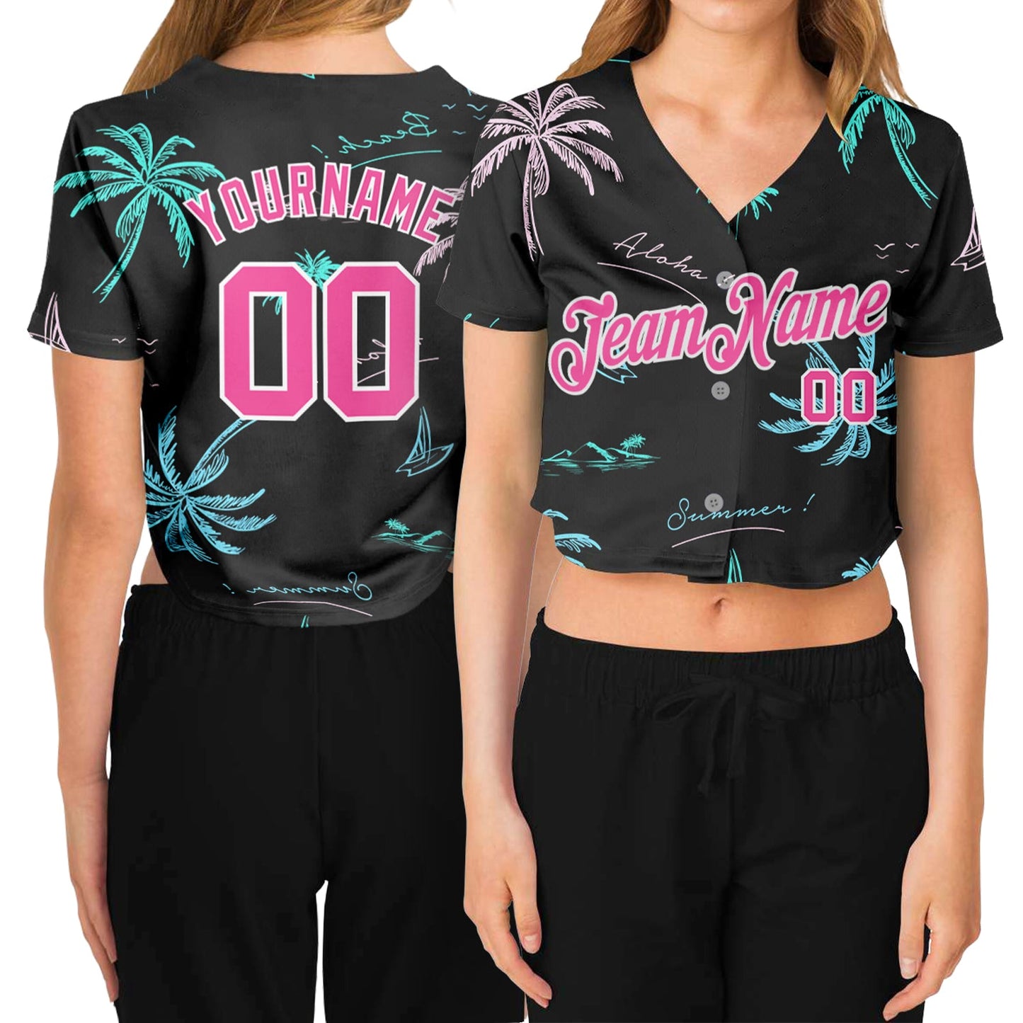 Custom Women's Black Pink-White Hawaii Palm Trees 3D V-Neck Cropped Baseball Jersey - Main View