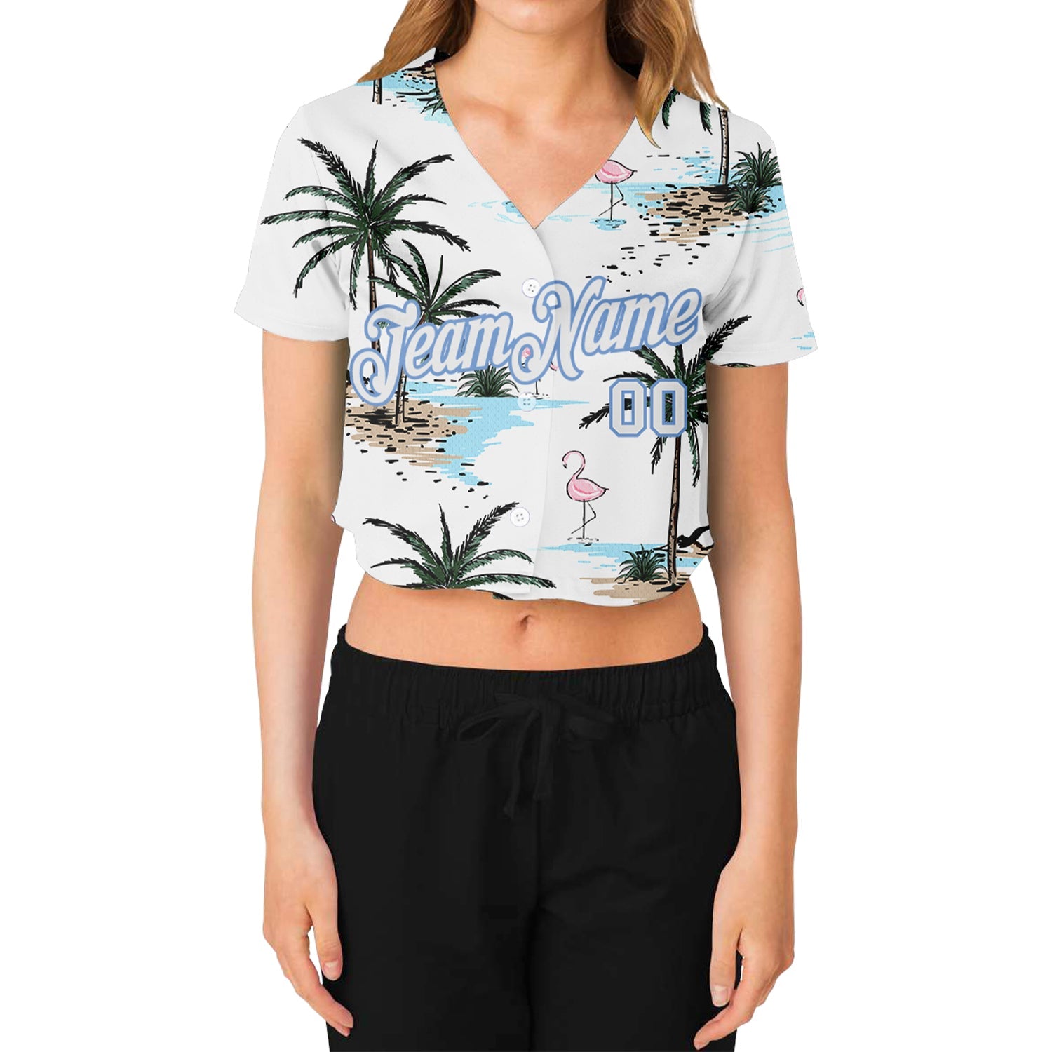 Custom Women's White White-Light Blue Hawaii Palm Trees 3D V-Neck Cropped Baseball Jersey view 2