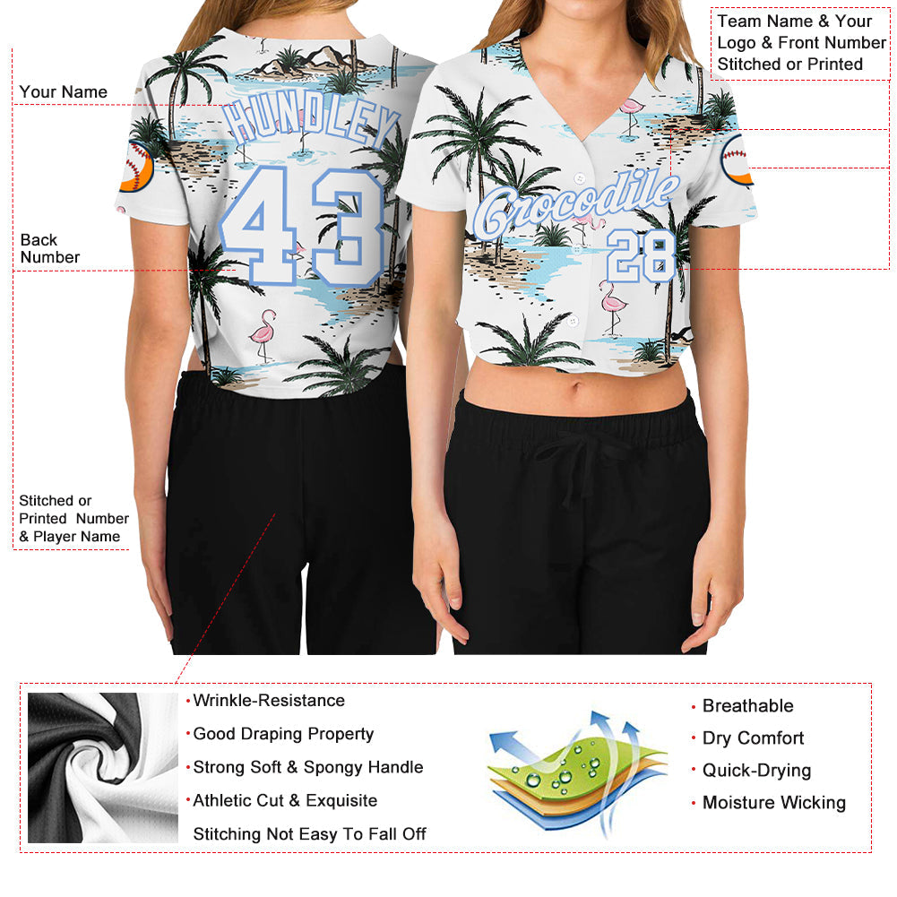 Custom Women's White White-Light Blue Hawaii Palm Trees 3D V-Neck Cropped Baseball Jersey view 3