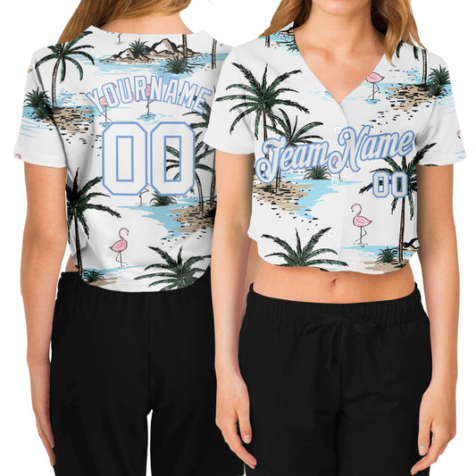 Custom Women's White White-Light Blue Hawaii Palm Trees 3D V-Neck Cropped Baseball Jersey - Main View
