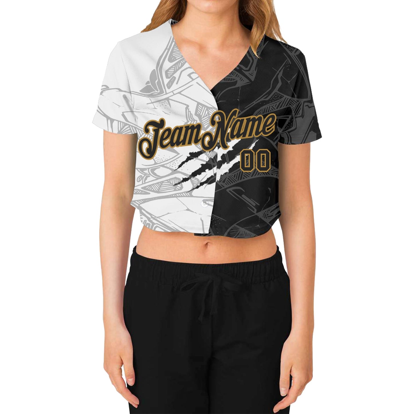 Custom Women's Graffiti Pattern Black-Old Gold Scratch 3D V-Neck Cropped Baseball Jersey view 2