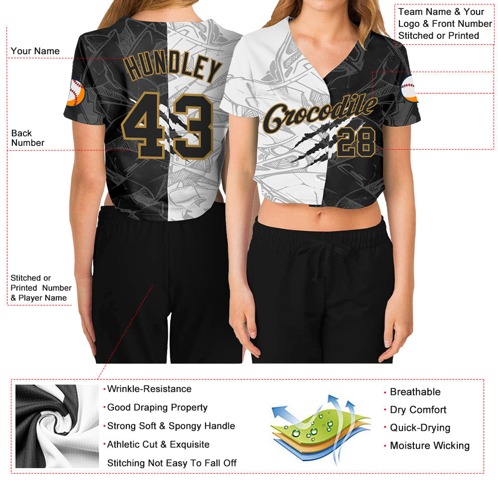 Custom Women's Graffiti Pattern Black-Old Gold Scratch 3D V-Neck Cropped Baseball Jersey view 3