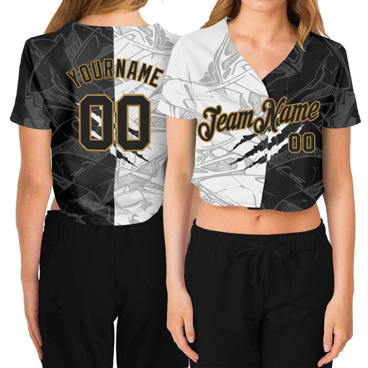 Custom Women's Graffiti Pattern Black-Old Gold Scratch 3D V-Neck Cropped Baseball Jersey - Main View