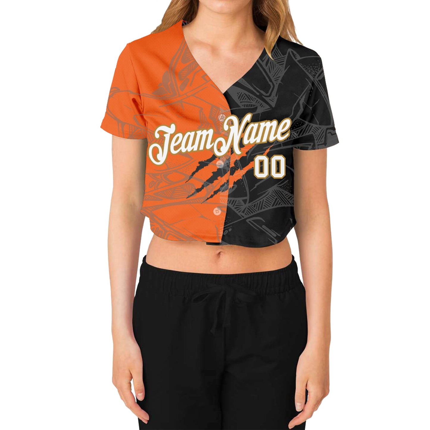 Custom Women's Graffiti Pattern White-Old Gold Scratch 3D V-Neck Cropped Baseball Jersey view 2