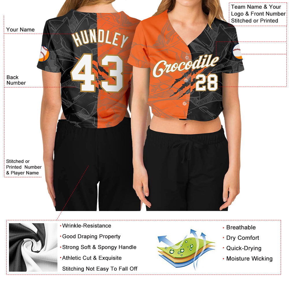 Custom Women's Graffiti Pattern White-Old Gold Scratch 3D V-Neck Cropped Baseball Jersey view 3