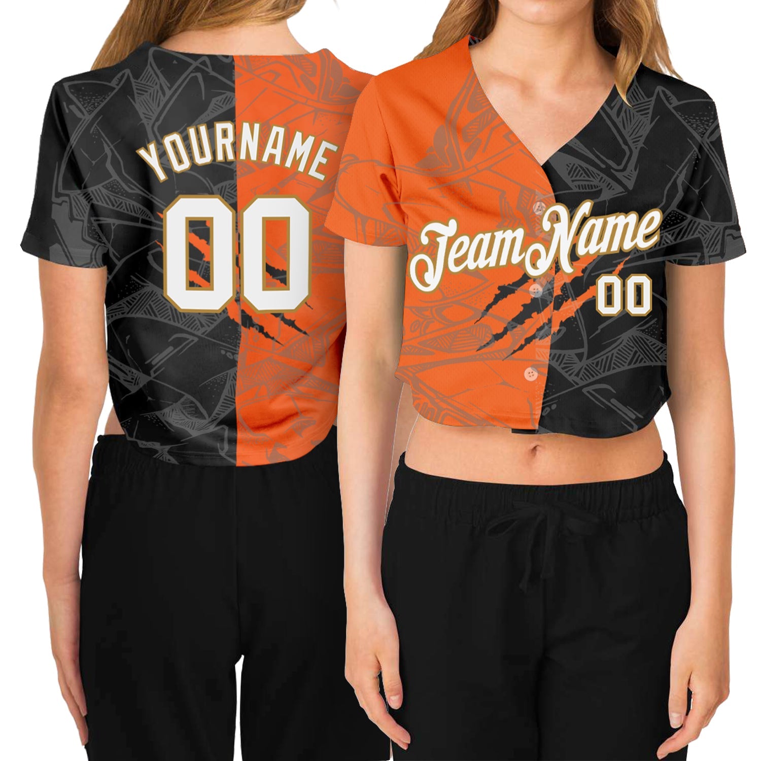 Custom Women's Graffiti Pattern White-Old Gold Scratch 3D V-Neck Cropped Baseball Jersey - Main View