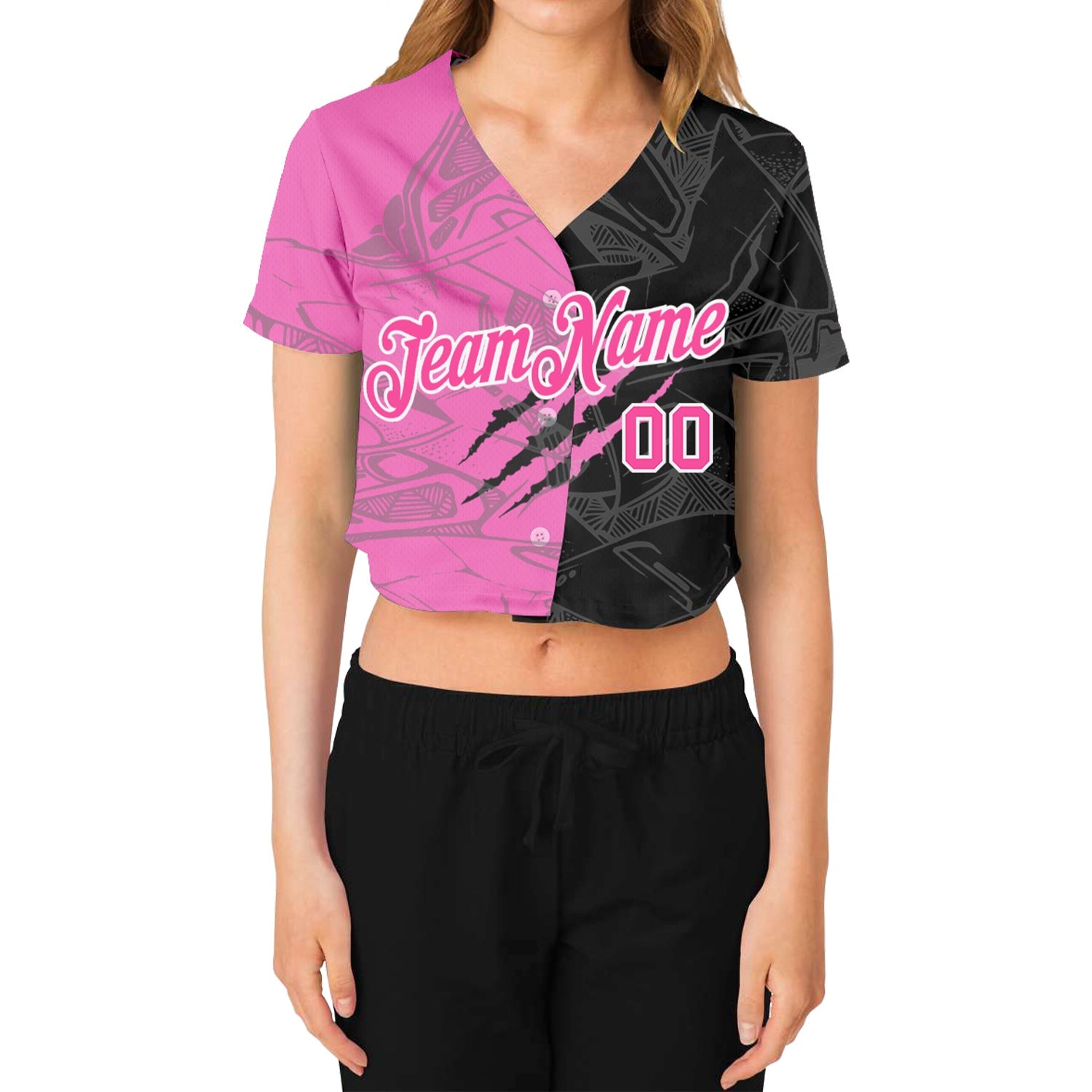 Custom Women's Graffiti Pattern Pink-White Scratch 3D V-Neck Cropped Baseball Jersey view 2