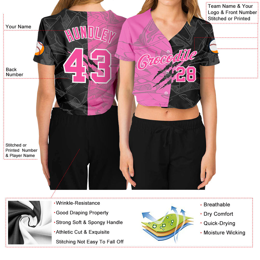 Custom Women's Graffiti Pattern Pink-White Scratch 3D V-Neck Cropped Baseball Jersey view 3