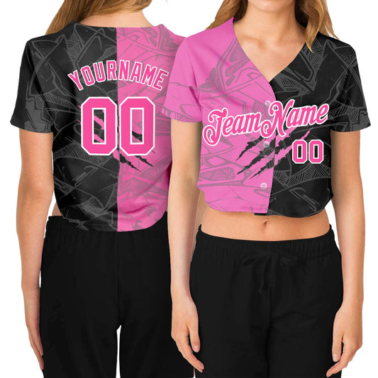 Custom Women's Graffiti Pattern Pink-White Scratch 3D V-Neck Cropped Baseball Jersey - Main View