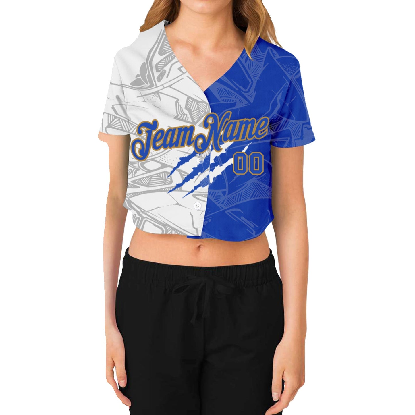 Custom Women's Graffiti Pattern Royal-Old Gold Scratch 3D V-Neck Cropped Baseball Jersey view 2