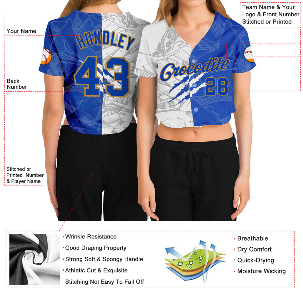 Custom Women's Graffiti Pattern Royal-Old Gold Scratch 3D V-Neck Cropped Baseball Jersey view 3