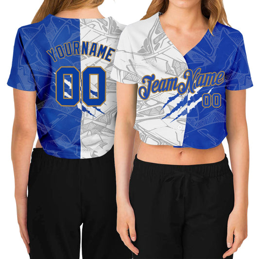 Custom Women's Graffiti Pattern Royal-Old Gold Scratch 3D V-Neck Cropped Baseball Jersey - Main View