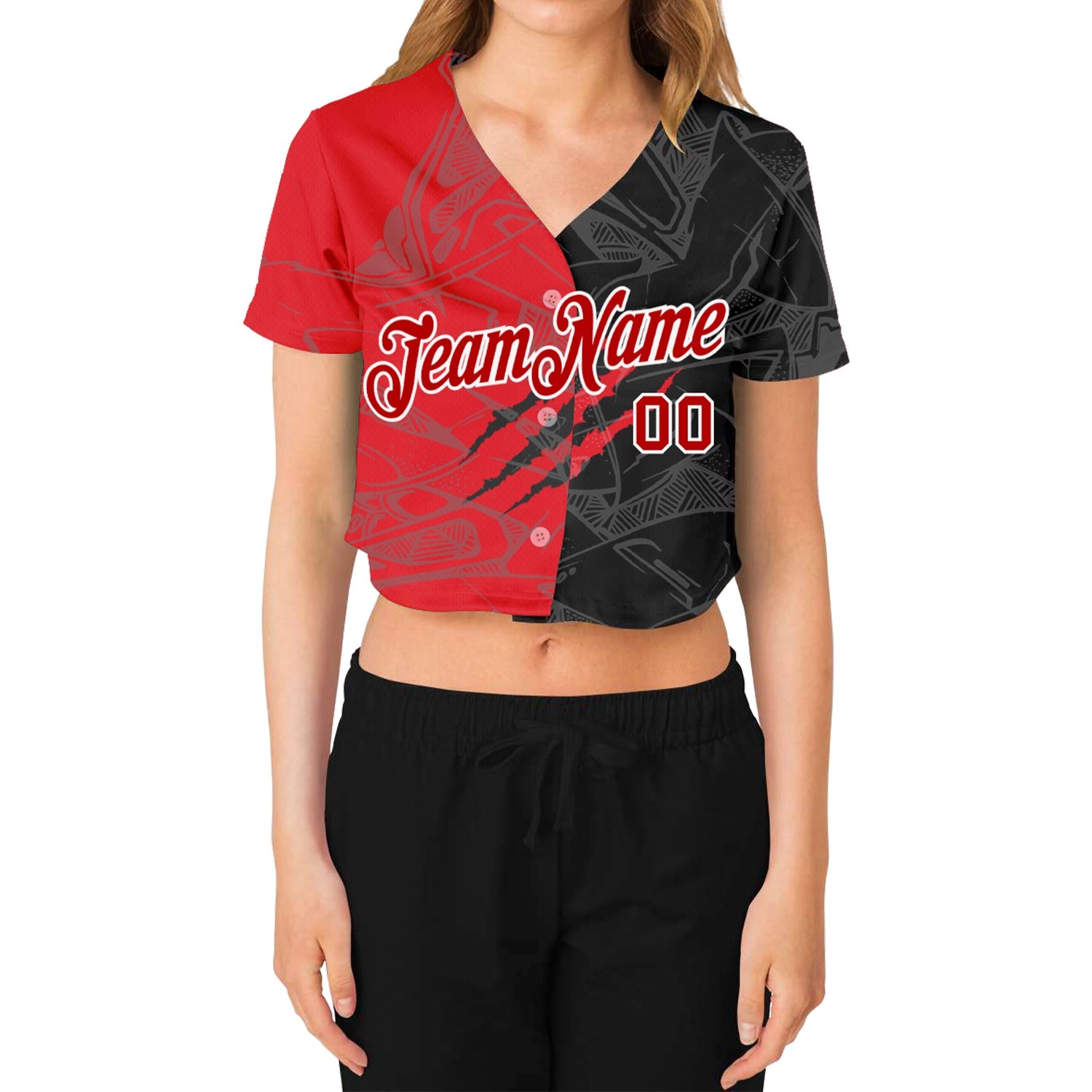 Custom Women's Graffiti Pattern Red-White Scratch 3D V-Neck Cropped Baseball Jersey view 2
