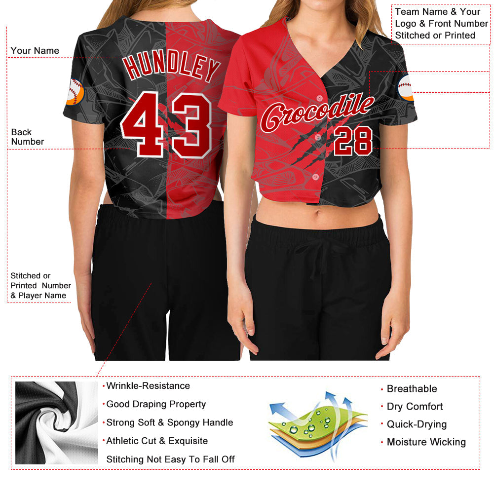 Custom Women's Graffiti Pattern Red-White Scratch 3D V-Neck Cropped Baseball Jersey view 3