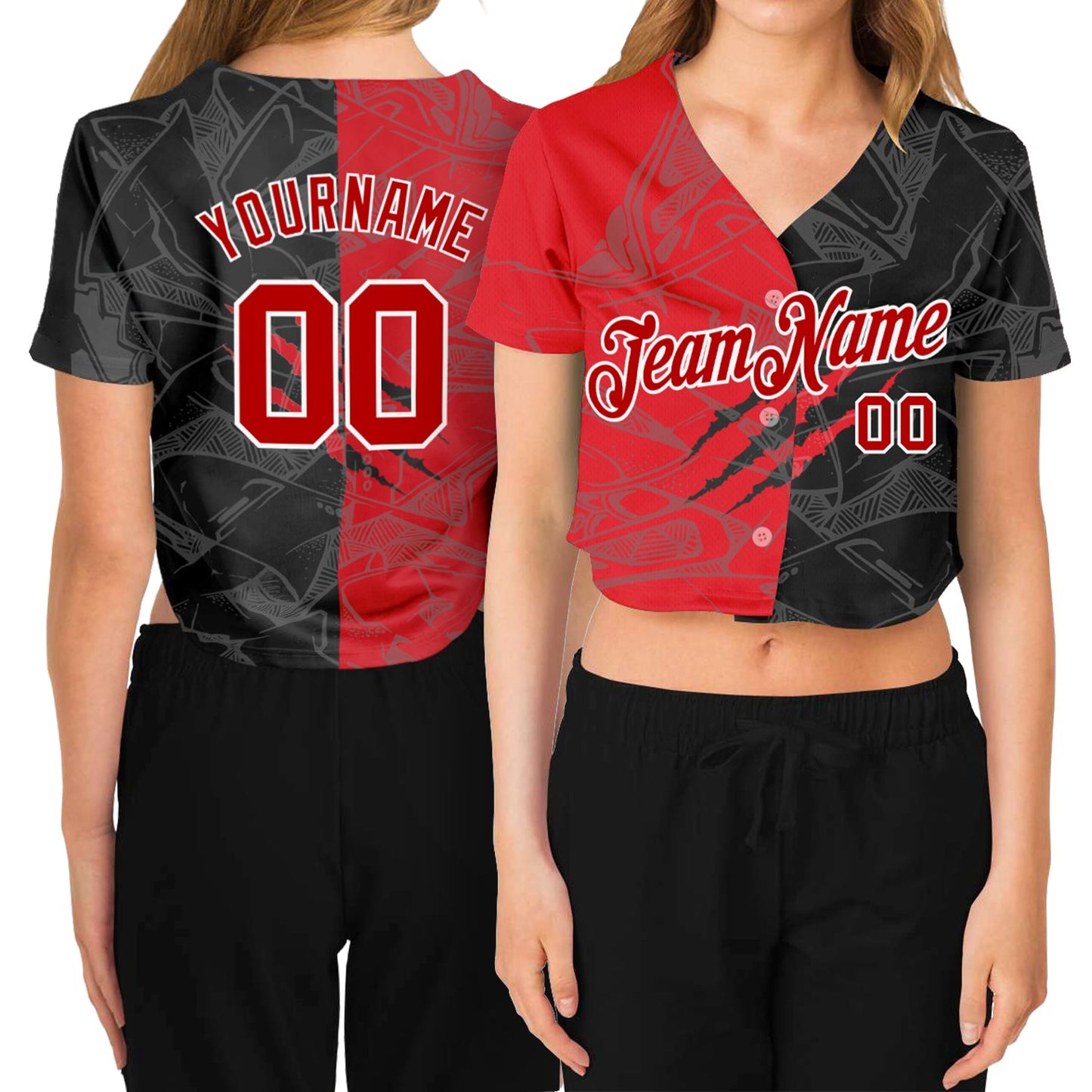 Custom Women's Graffiti Pattern Red-White Scratch 3D V-Neck Cropped Baseball Jersey - Main View