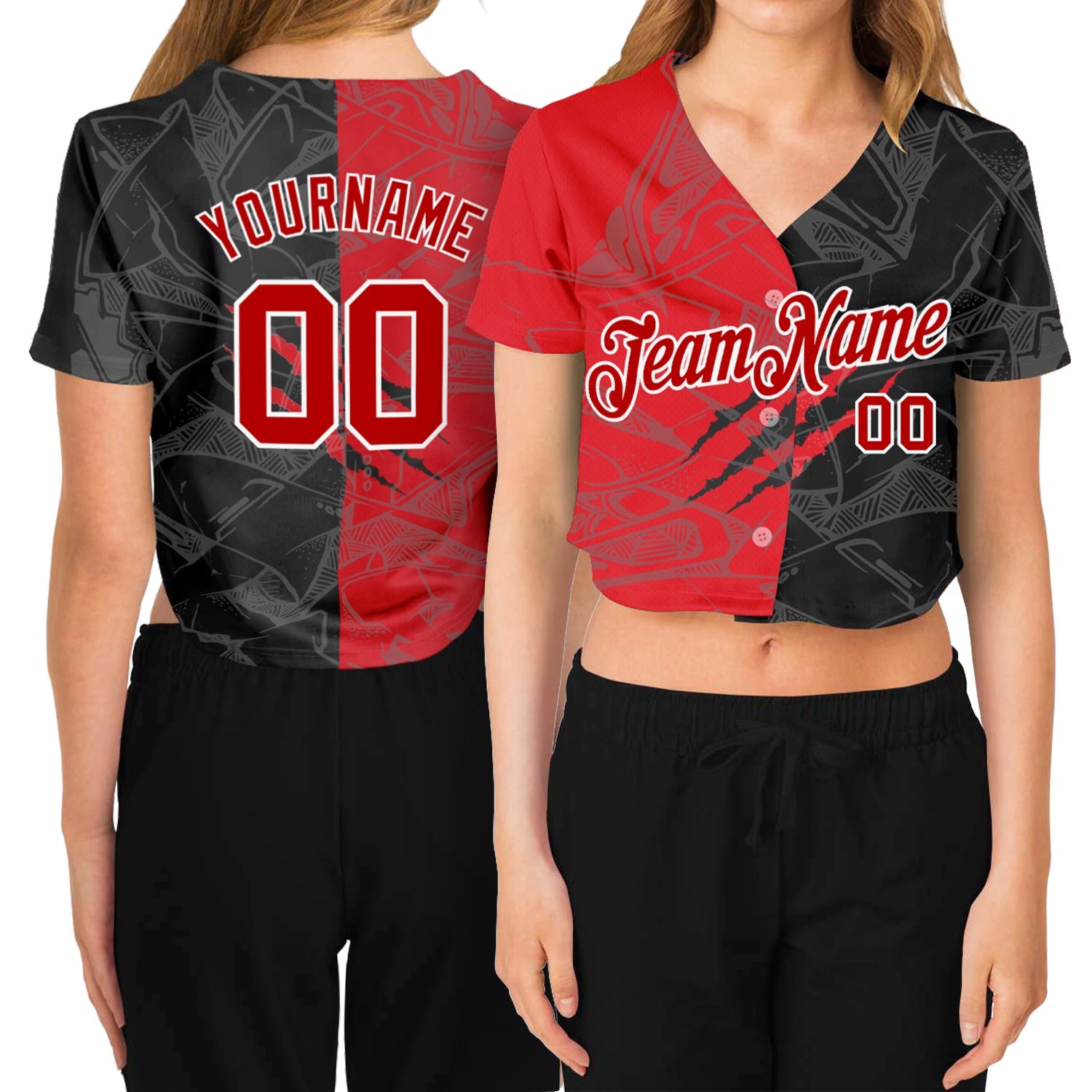 Custom Women's Graffiti Pattern Red-White Scratch 3D V-Neck Cropped Baseball Jersey - Main View