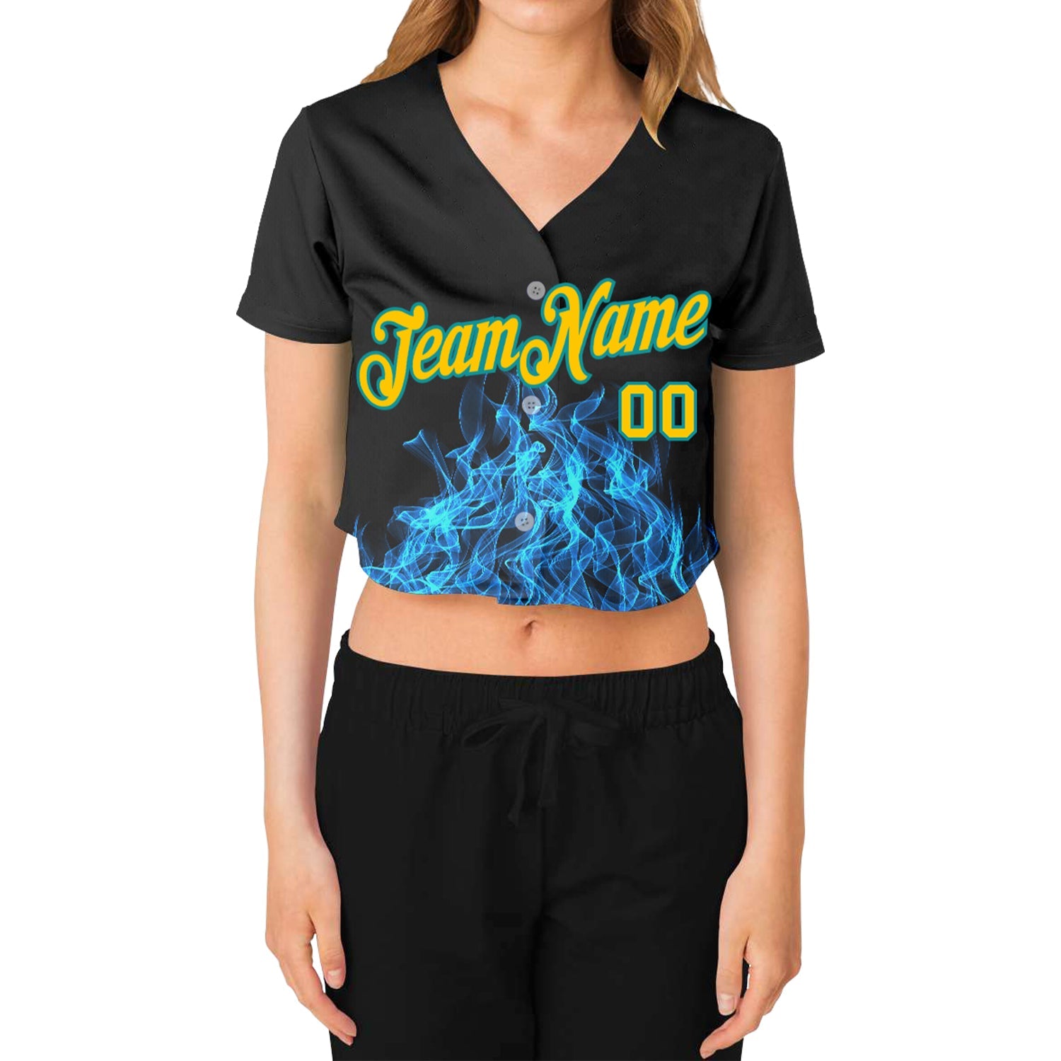 Custom Women's Black Gold-Aqua Flame 3D V-Neck Cropped Baseball Jersey view 2