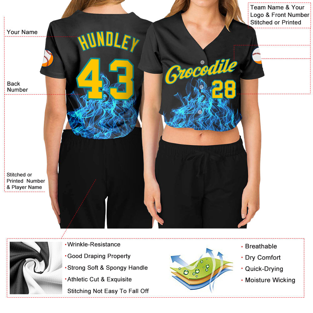 Custom Women's Black Gold-Aqua Flame 3D V-Neck Cropped Baseball Jersey view 3