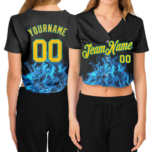 Custom Women's Black Gold-Aqua Flame 3D V-Neck Cropped Baseball Jersey - Main View