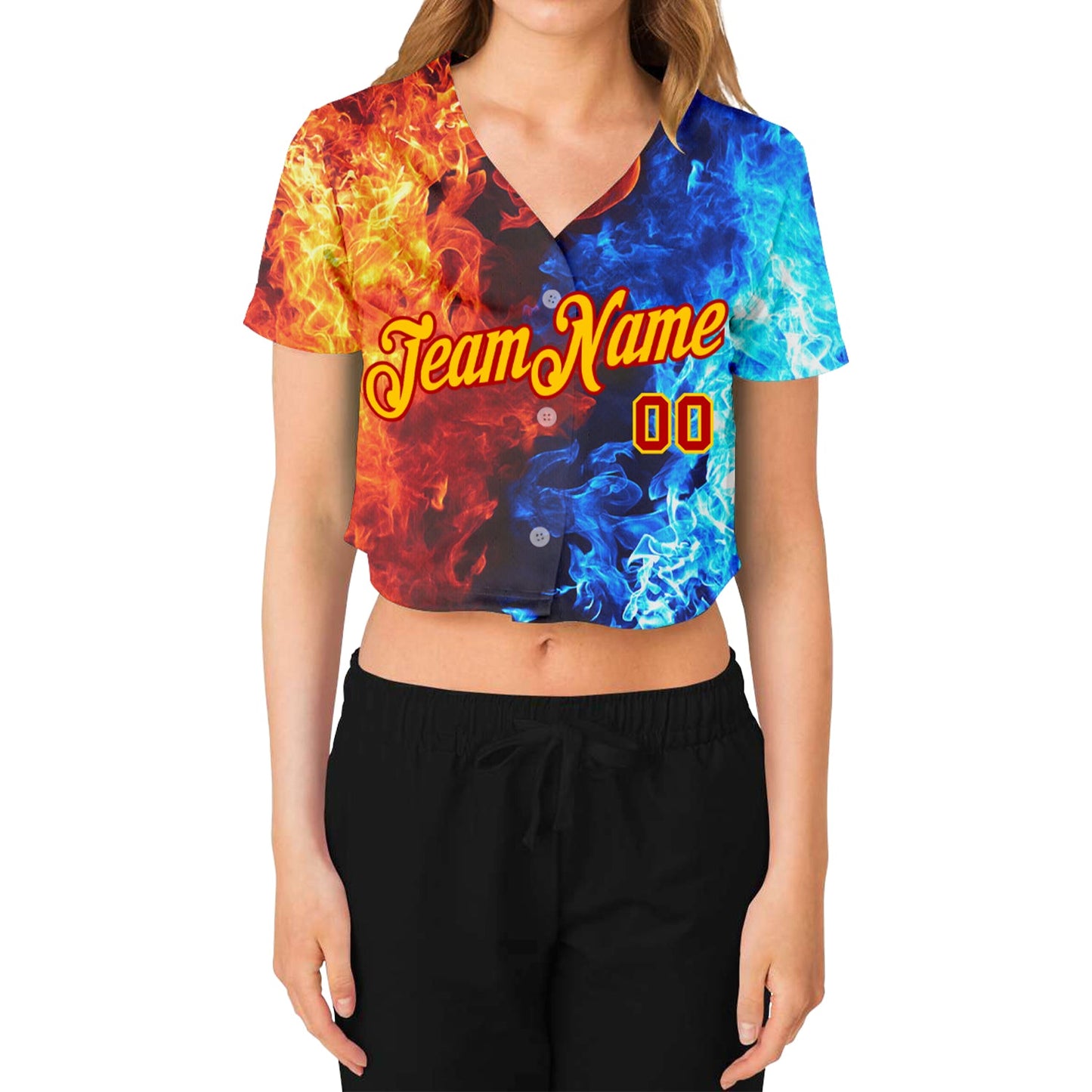 Custom Women's Red Gold Royal-Light Blue Flame 3D V-Neck Cropped Baseball Jersey view 2