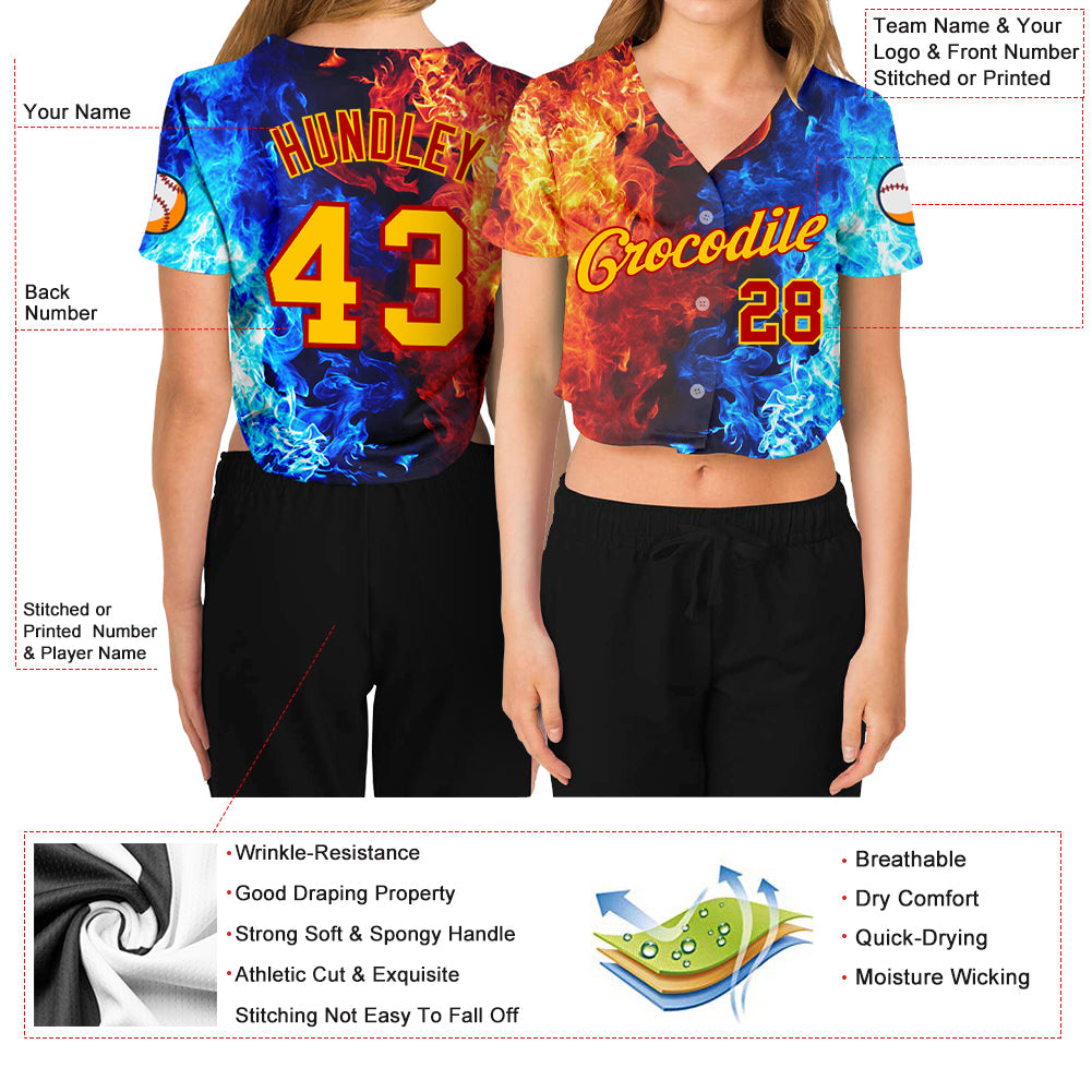 Custom Women's Red Gold Royal-Light Blue Flame 3D V-Neck Cropped Baseball Jersey view 3