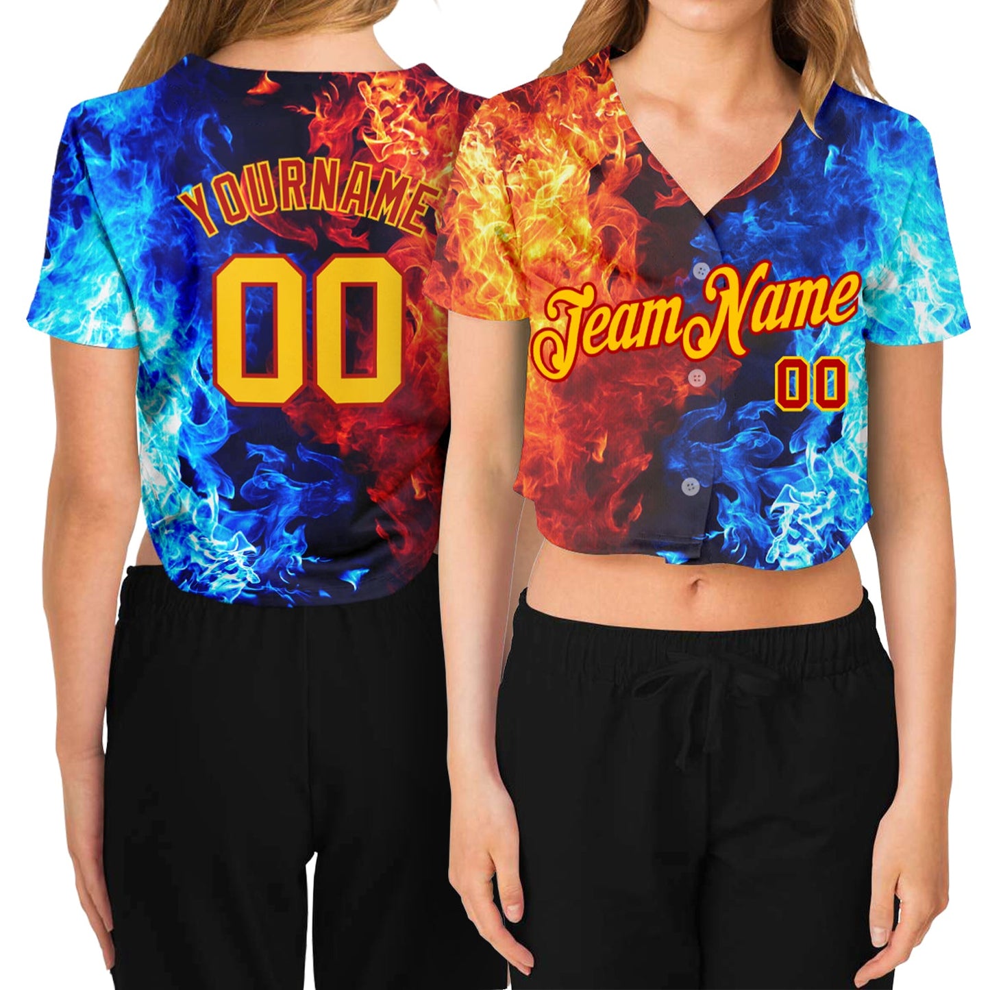 Custom Women's Red Gold Royal-Light Blue Flame 3D V-Neck Cropped Baseball Jersey - Main View
