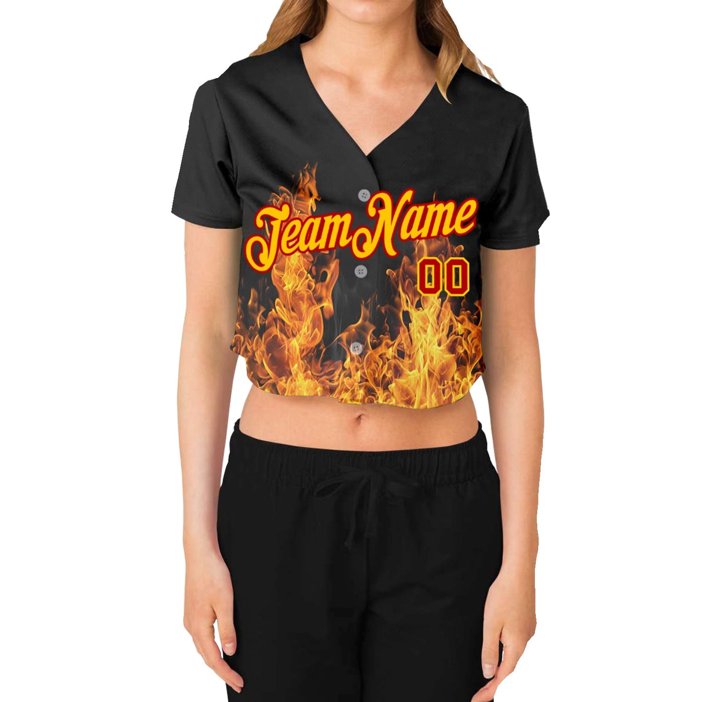 Custom Women's Black Gold-Red Flame 3D V-Neck Cropped Baseball Jersey view 2