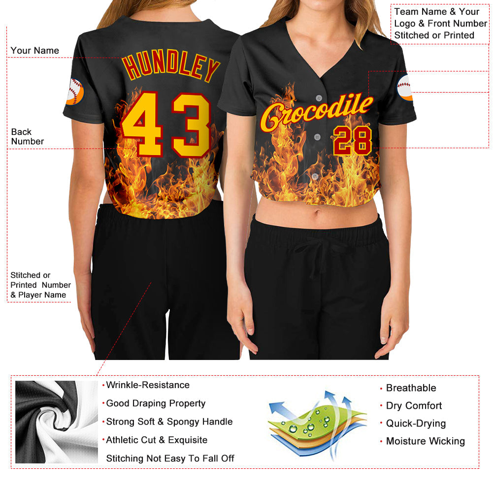 Custom Women's Black Gold-Red Flame 3D V-Neck Cropped Baseball Jersey view 3