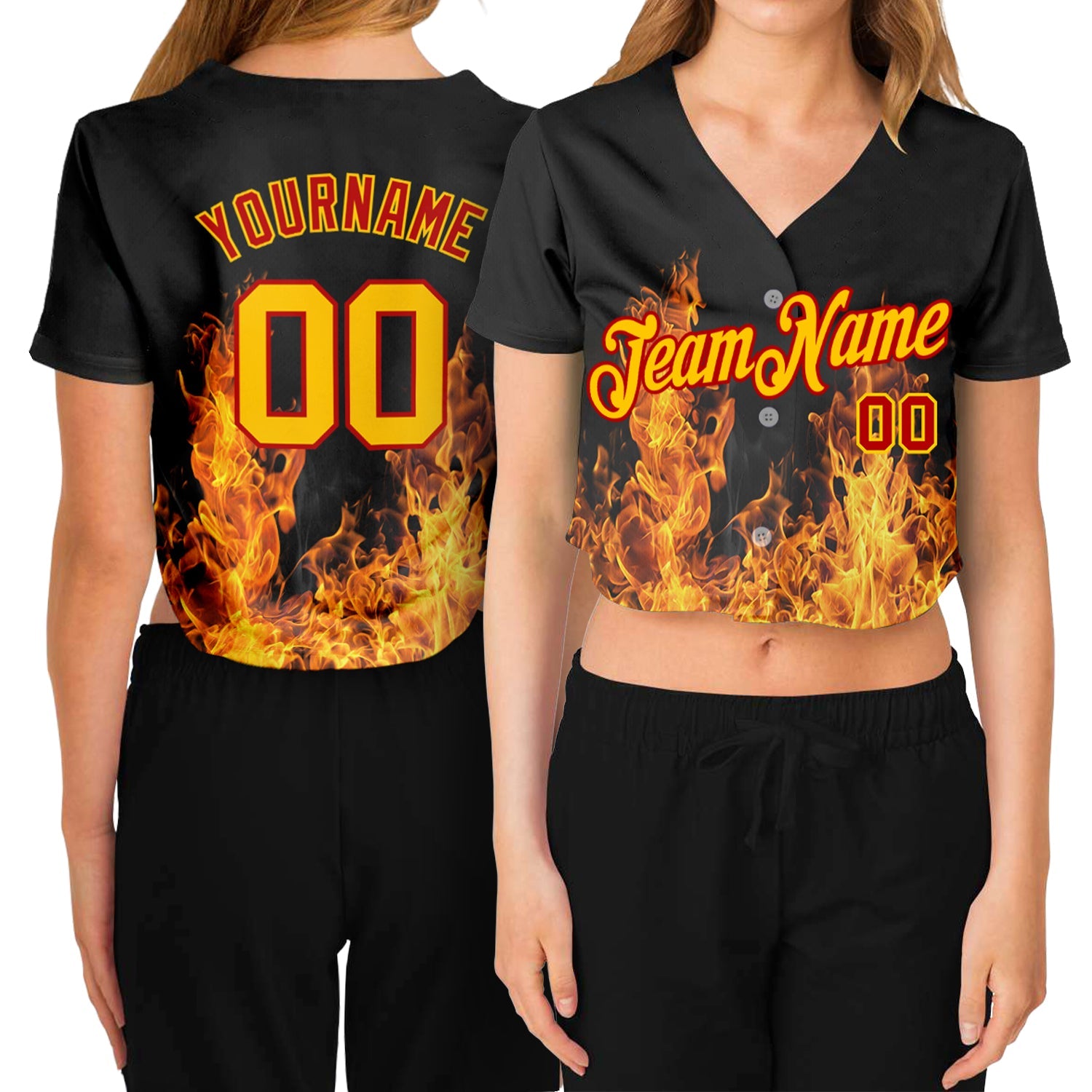 Custom Women's Black Gold-Red Flame 3D V-Neck Cropped Baseball Jersey - Main View