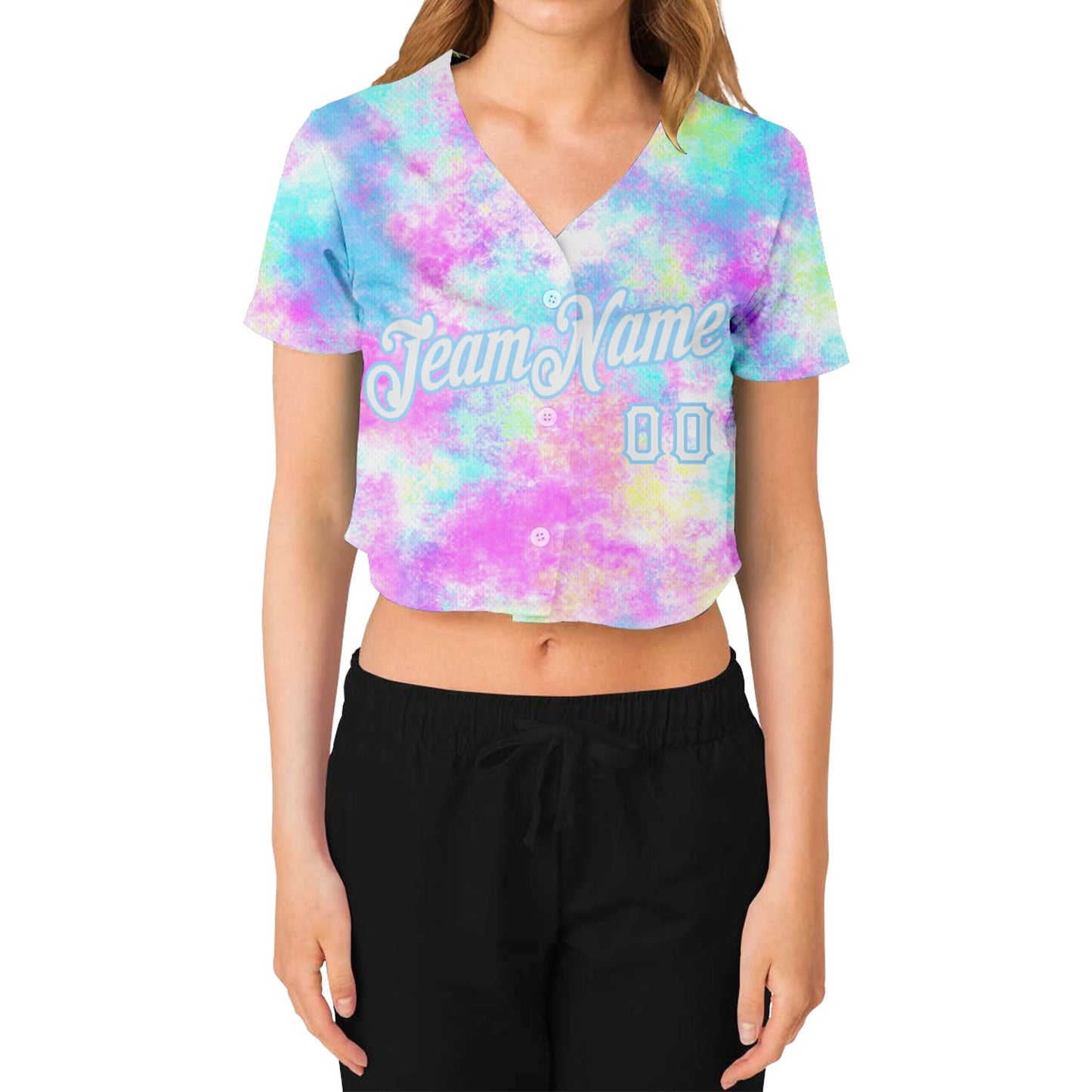 Custom Women's Tie Dye White-Light Blue Watercolor Gradient 3D V-Neck Cropped Baseball Jersey view 2