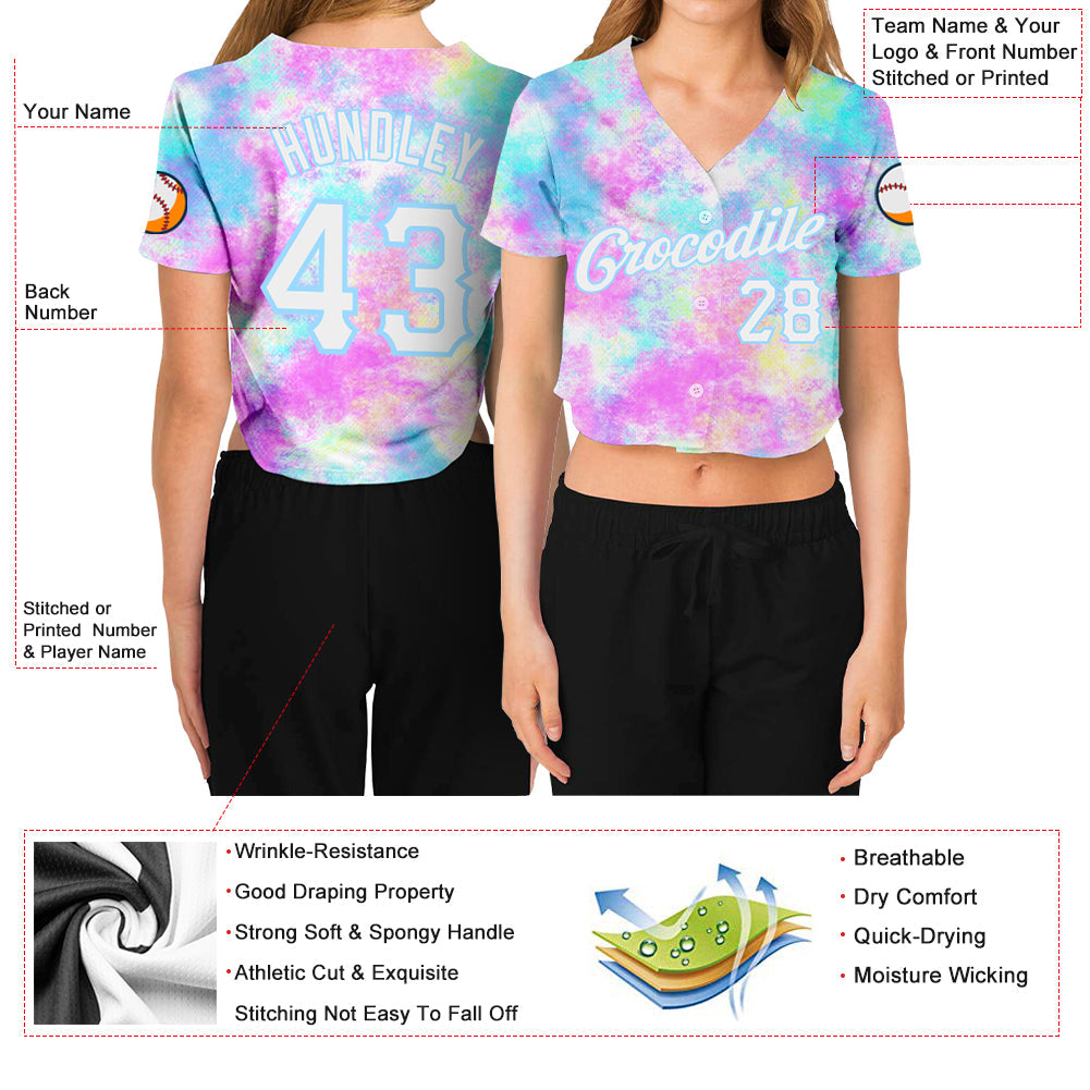Custom Women's Tie Dye White-Light Blue Watercolor Gradient 3D V-Neck Cropped Baseball Jersey view 3