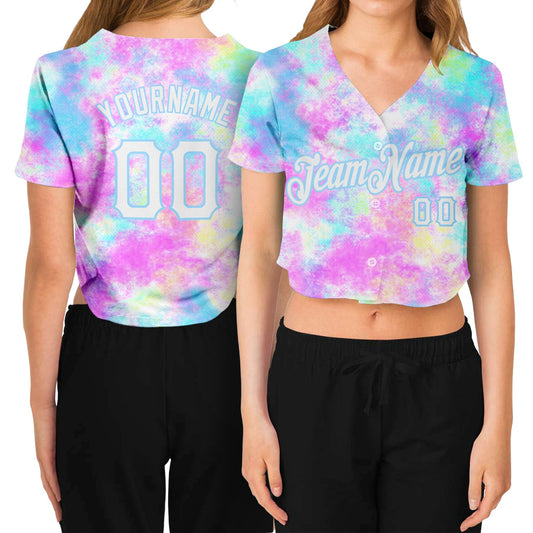 Custom Women's Tie Dye White-Light Blue Watercolor Gradient 3D V-Neck Cropped Baseball Jersey - Main View
