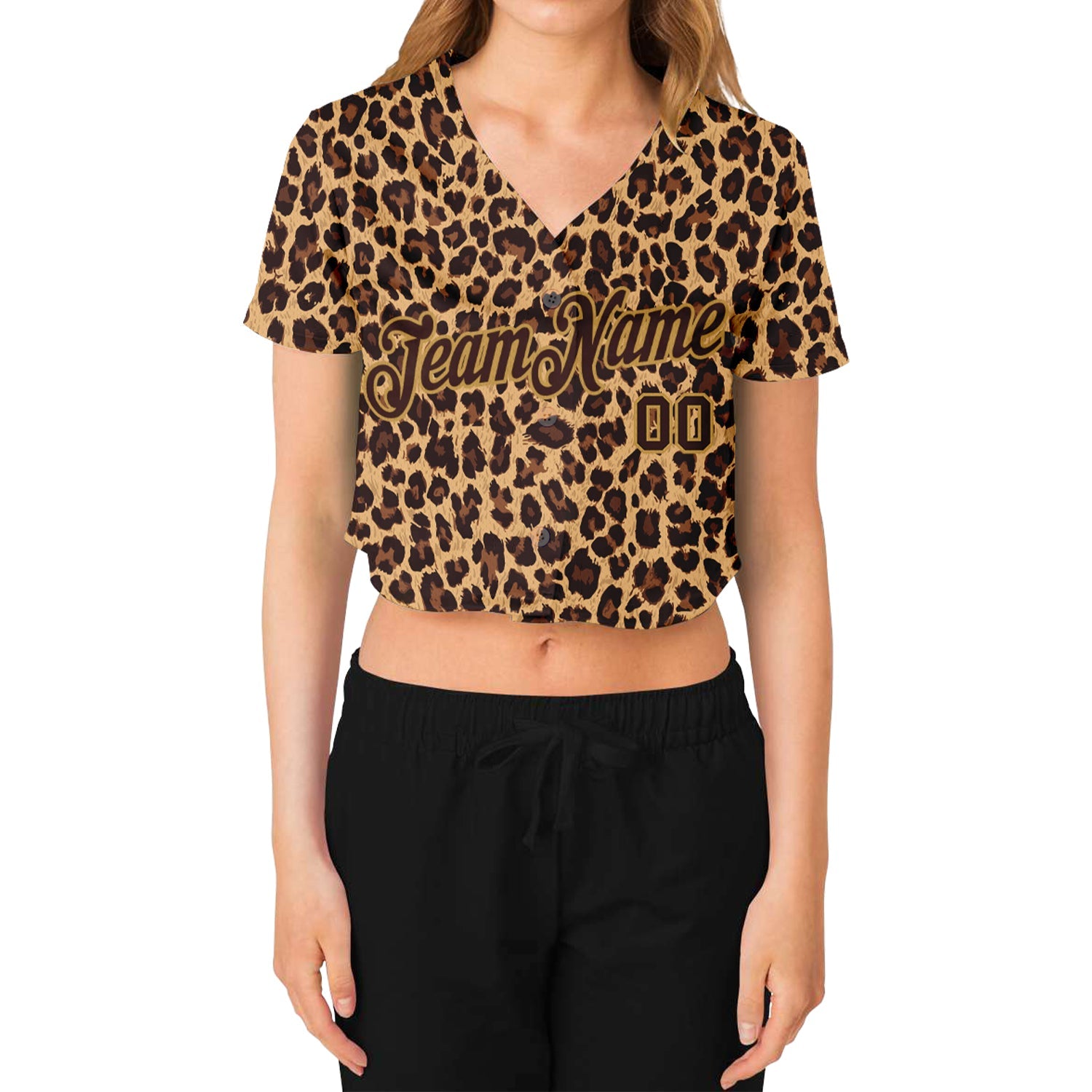 Custom Women's Brown Brown-Old Gold Leopard 3D V-Neck Cropped Baseball Jersey view 2