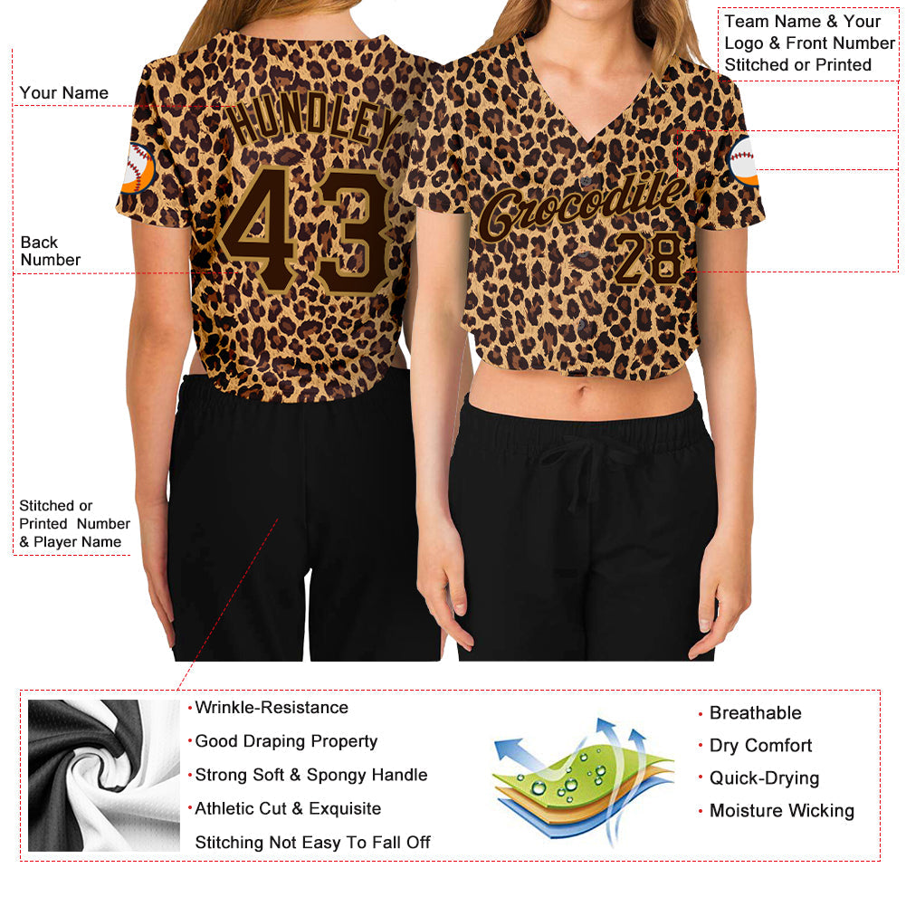 Custom Women's Brown Brown-Old Gold Leopard 3D V-Neck Cropped Baseball Jersey view 3
