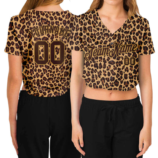Custom Women's Brown Brown-Old Gold Leopard 3D V-Neck Cropped Baseball Jersey - Main View