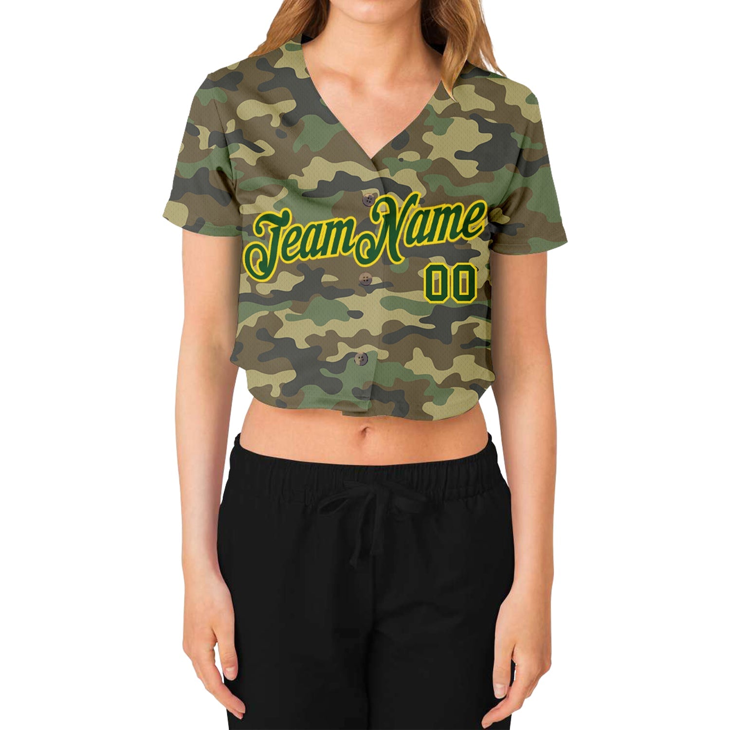 Custom Women's Camo Green-Gold Salute To Service 3D V-Neck Cropped Baseball Jersey view 2