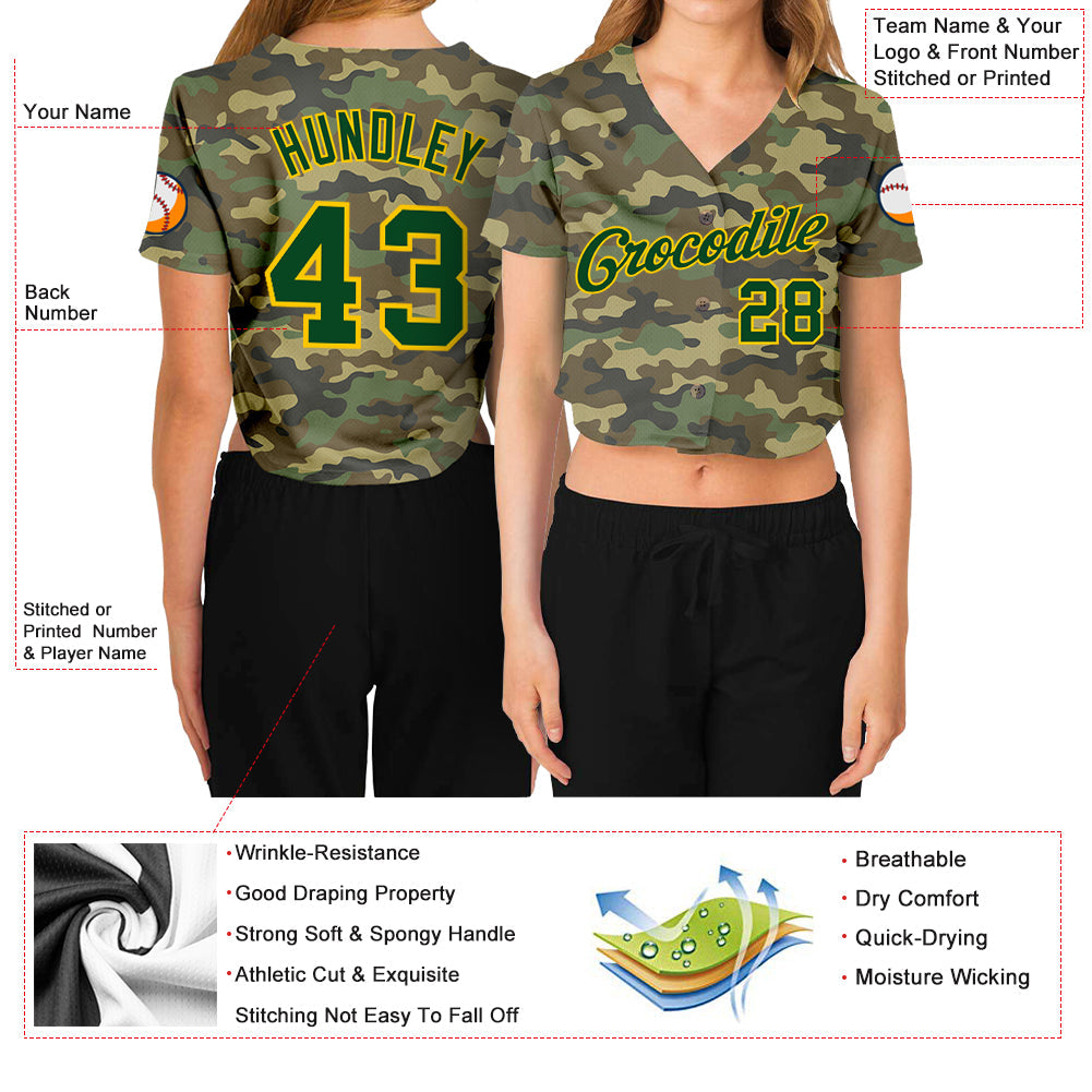 Custom Women's Camo Green-Gold Salute To Service 3D V-Neck Cropped Baseball Jersey view 3