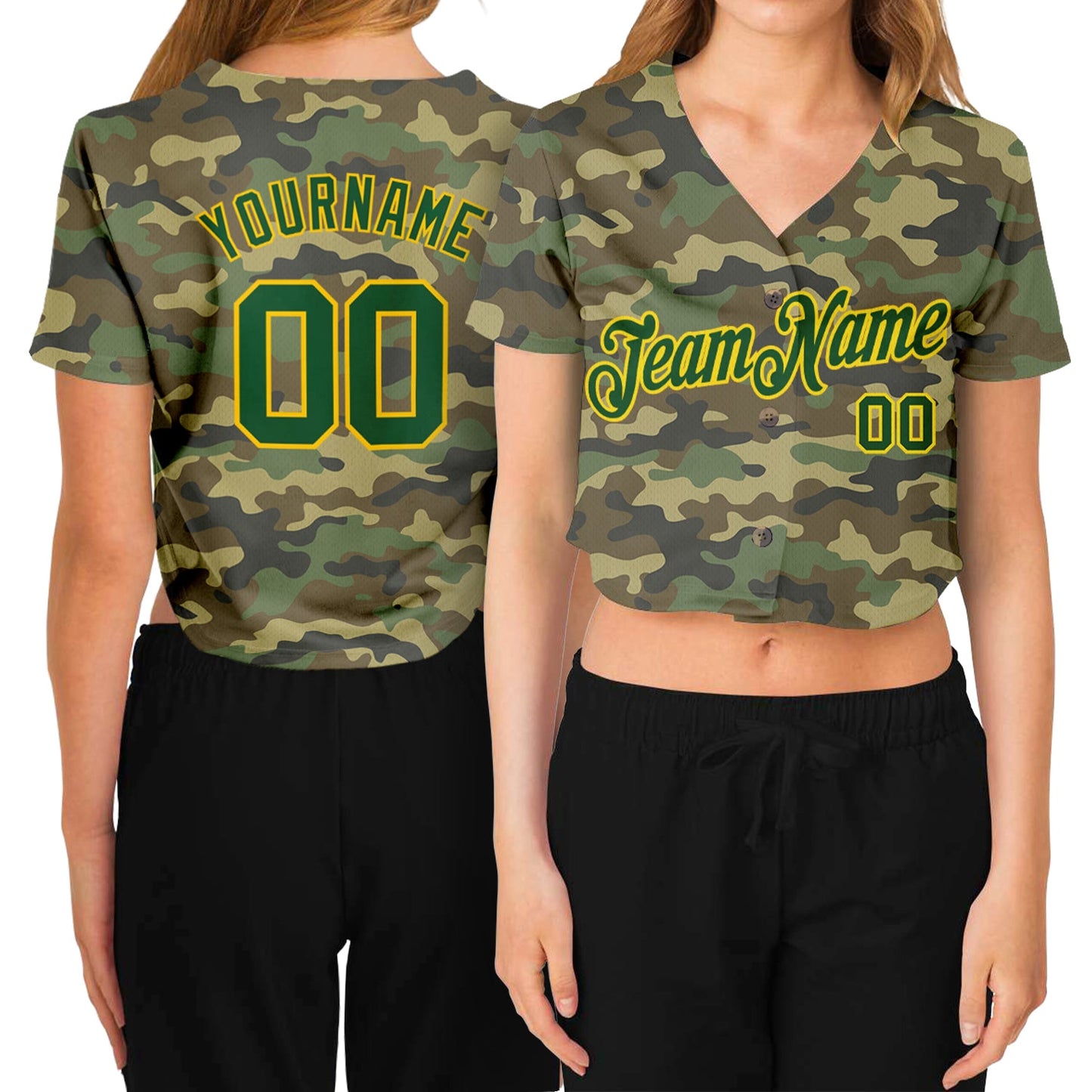 Custom Women's Camo Green-Gold Salute To Service 3D V-Neck Cropped Baseball Jersey - Main View