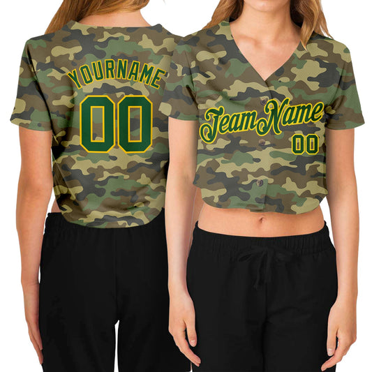 Custom Women's Camo Green-Gold Salute To Service 3D V-Neck Cropped Baseball Jersey - Main View